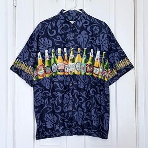 Vintage Koko Island Navy Blue Beer Bottle Print Aloha Hawaiian Men's Shirt XL